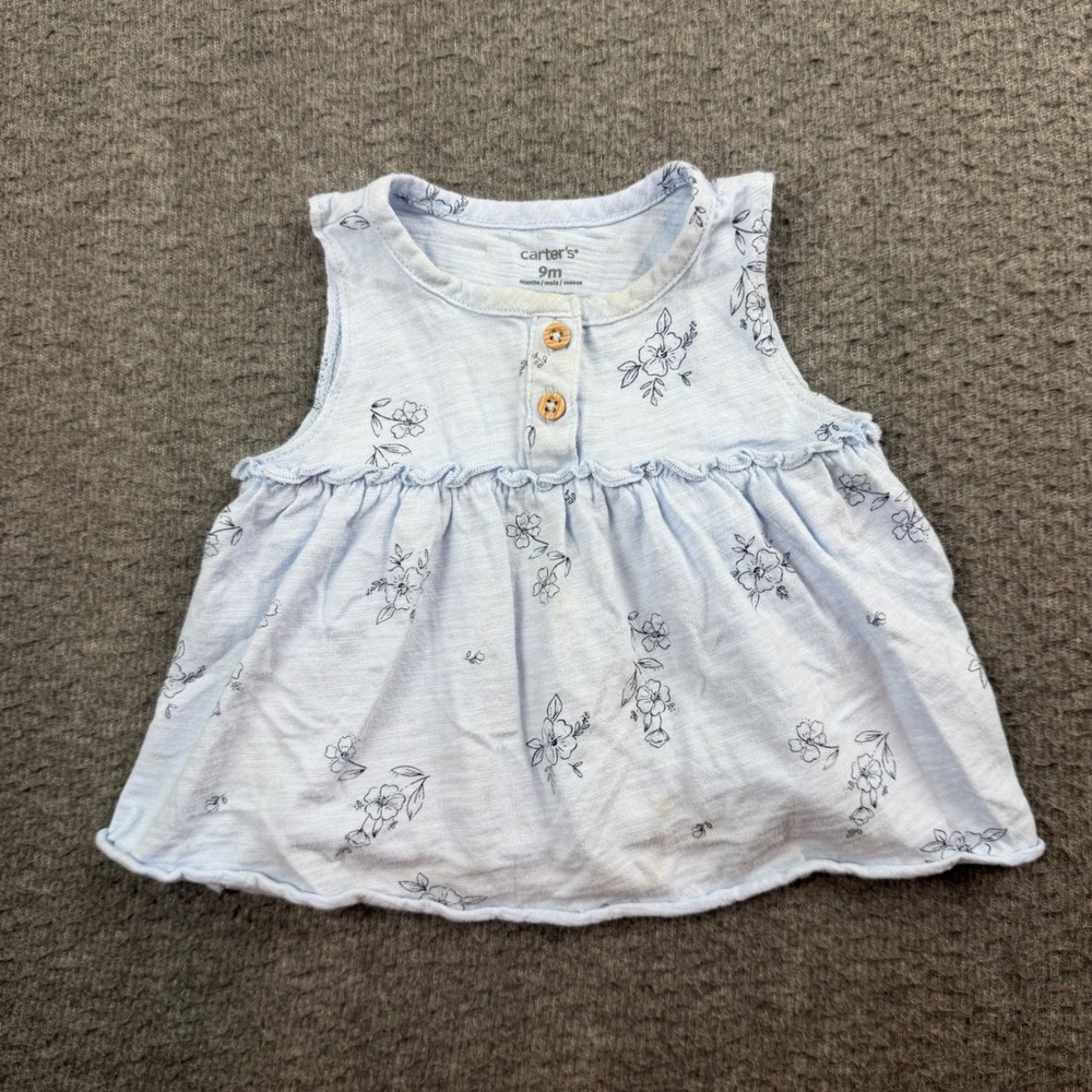 Carter's Floral Sleeveless Top Baby Girl 9M Blue Henley Ruffle Babydoll Shirt